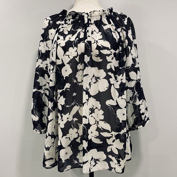 CHAPS 2X Women’s Navy White Floral Sheer Peasant Cottagecore Chic Beachy Blouse - Picture 1 of 15